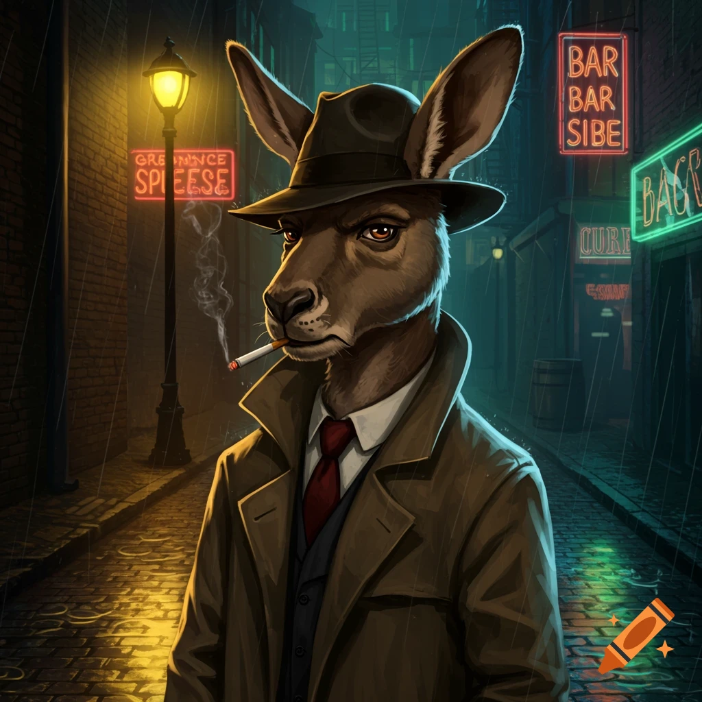 A kangaroo detective in a trench coat smoking in a rainy alley.