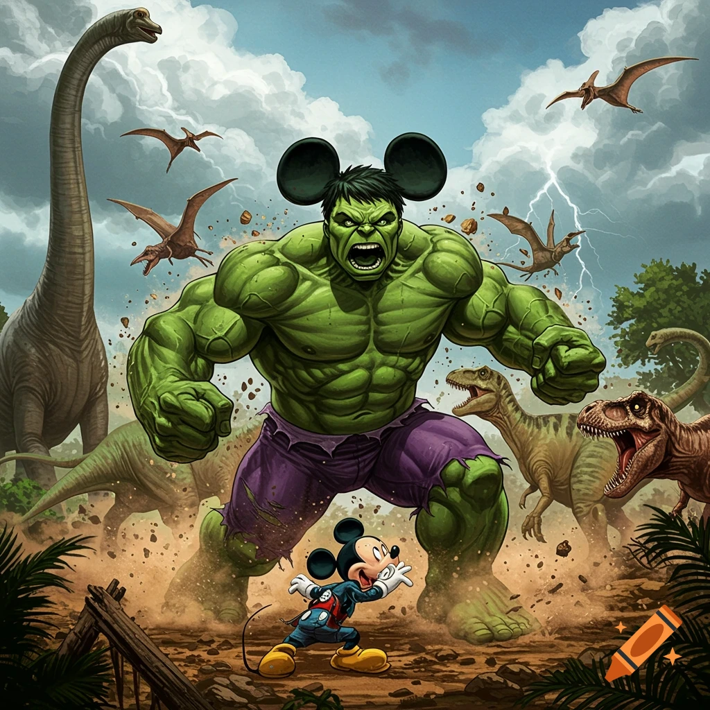 Comic art of a Hulk-Mickey Mouse fusion roaring while fighting dinosaurs amidst dust and lightning.