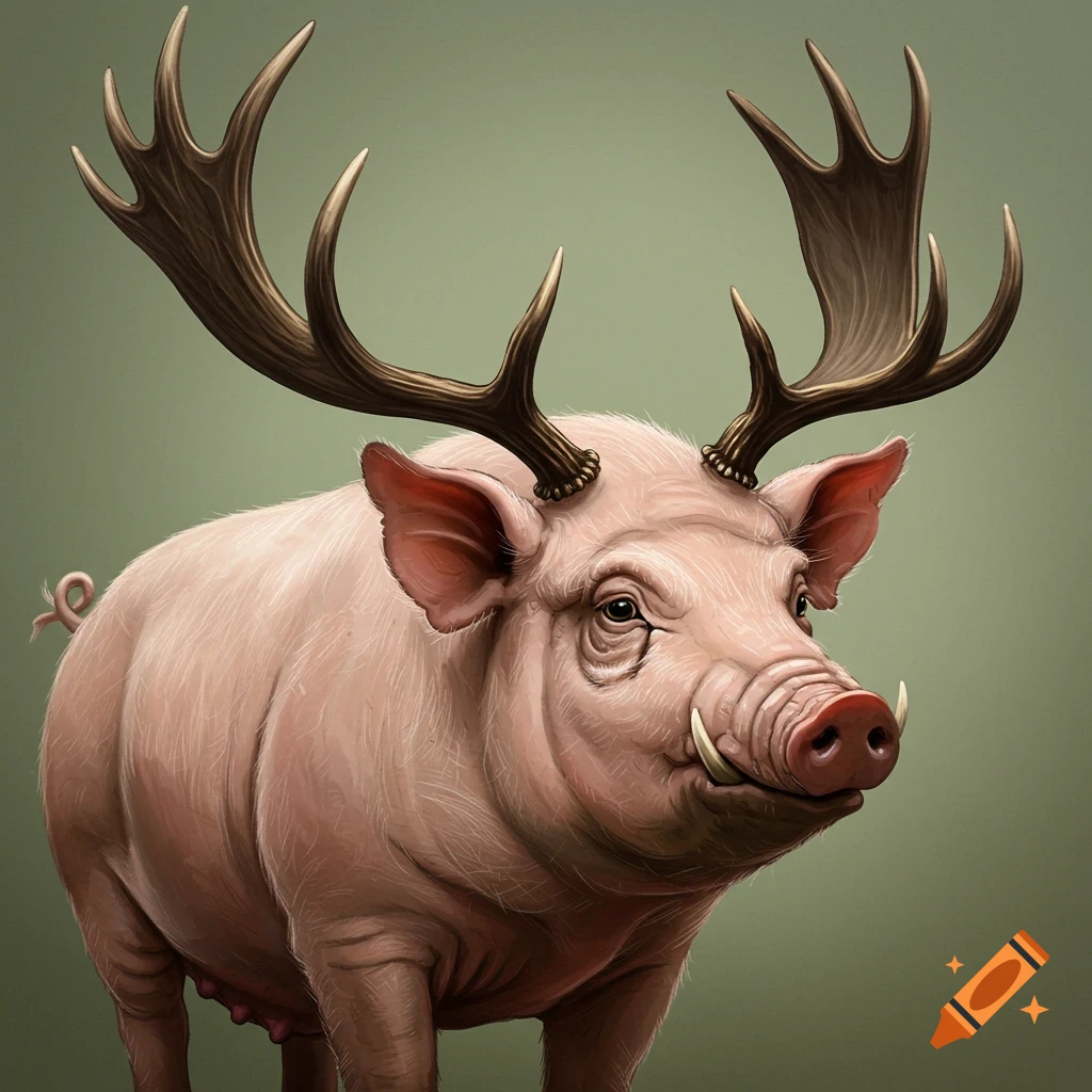 A pink pig with large moose antlers against a green background.