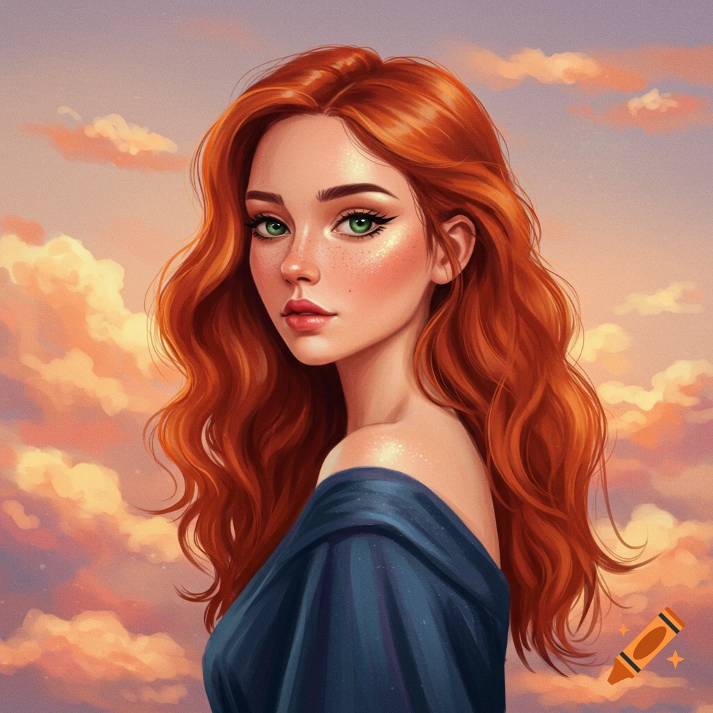 A red-haired woman with green eyes stands against a cloudy sky