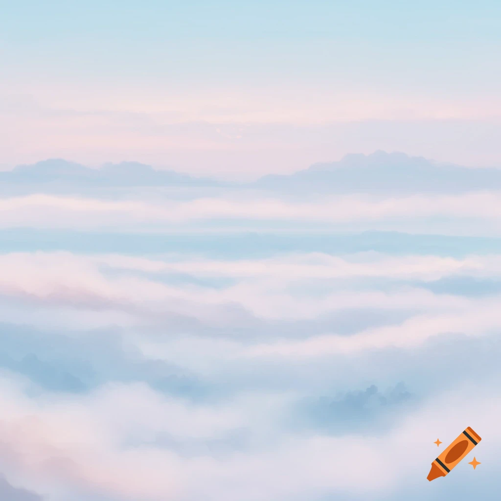 Soft pastel clouds and hazy mountains in a foggy sky