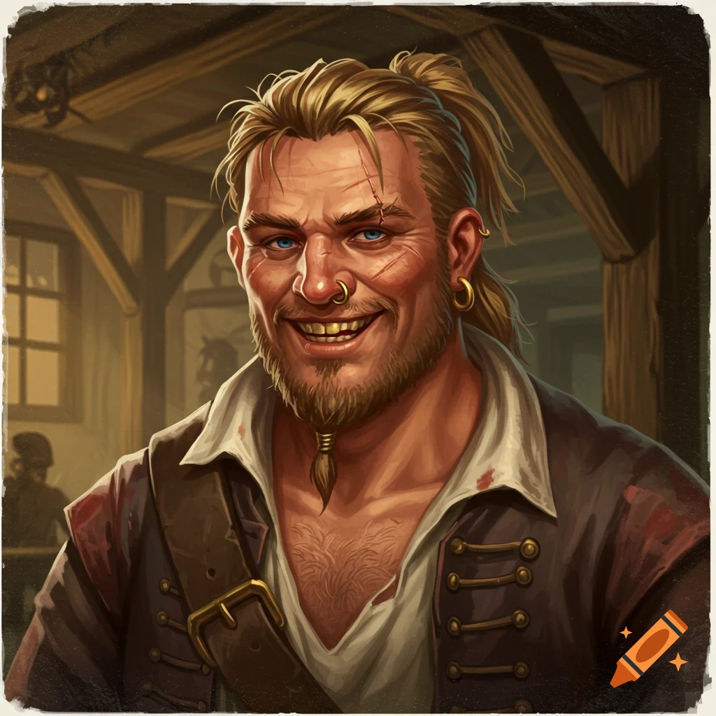 Portrait of a smiling male pirate with blond hair and beard in a tavern.