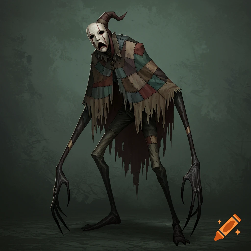 Dark fantasy illustration of a tall creature with a white mask, patchwork cloak, and long clawed hands.