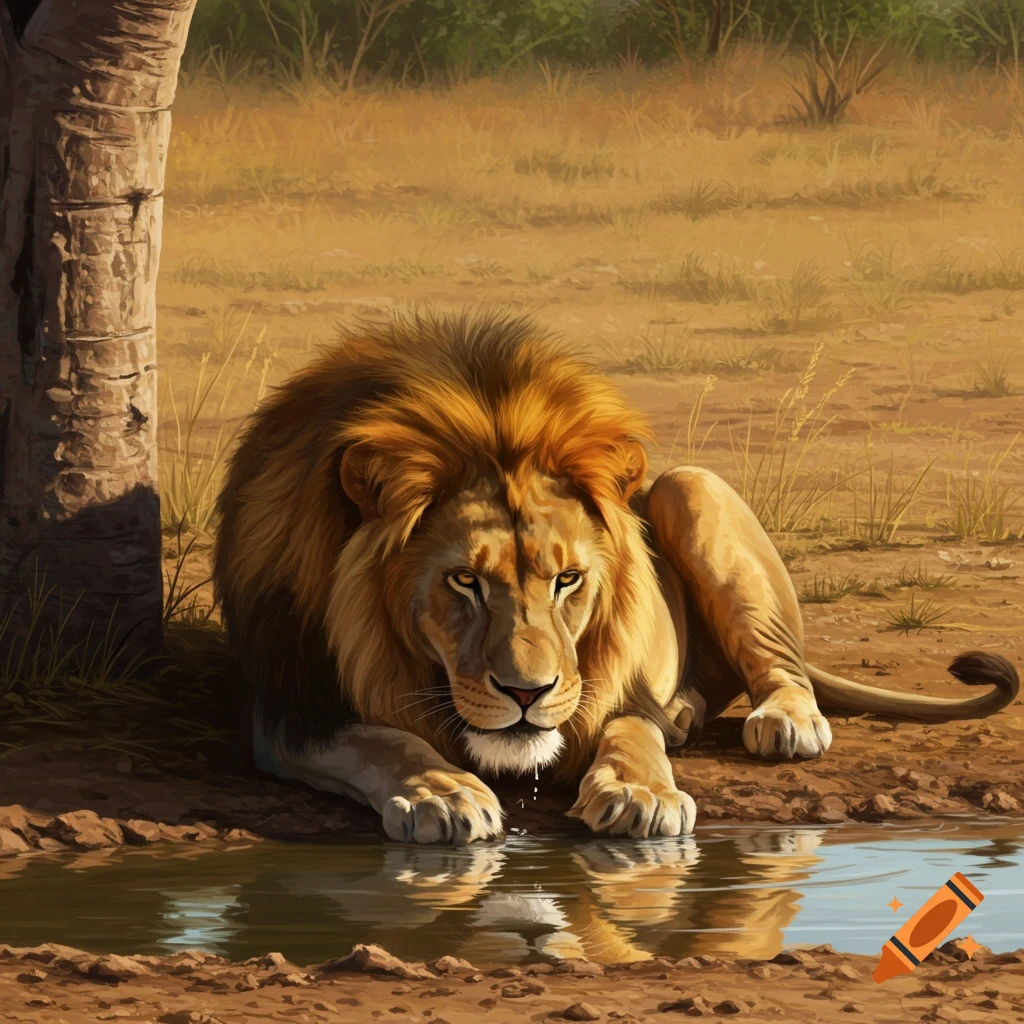 A realistic image of a male lion laying down drinking water in a dry savanna.