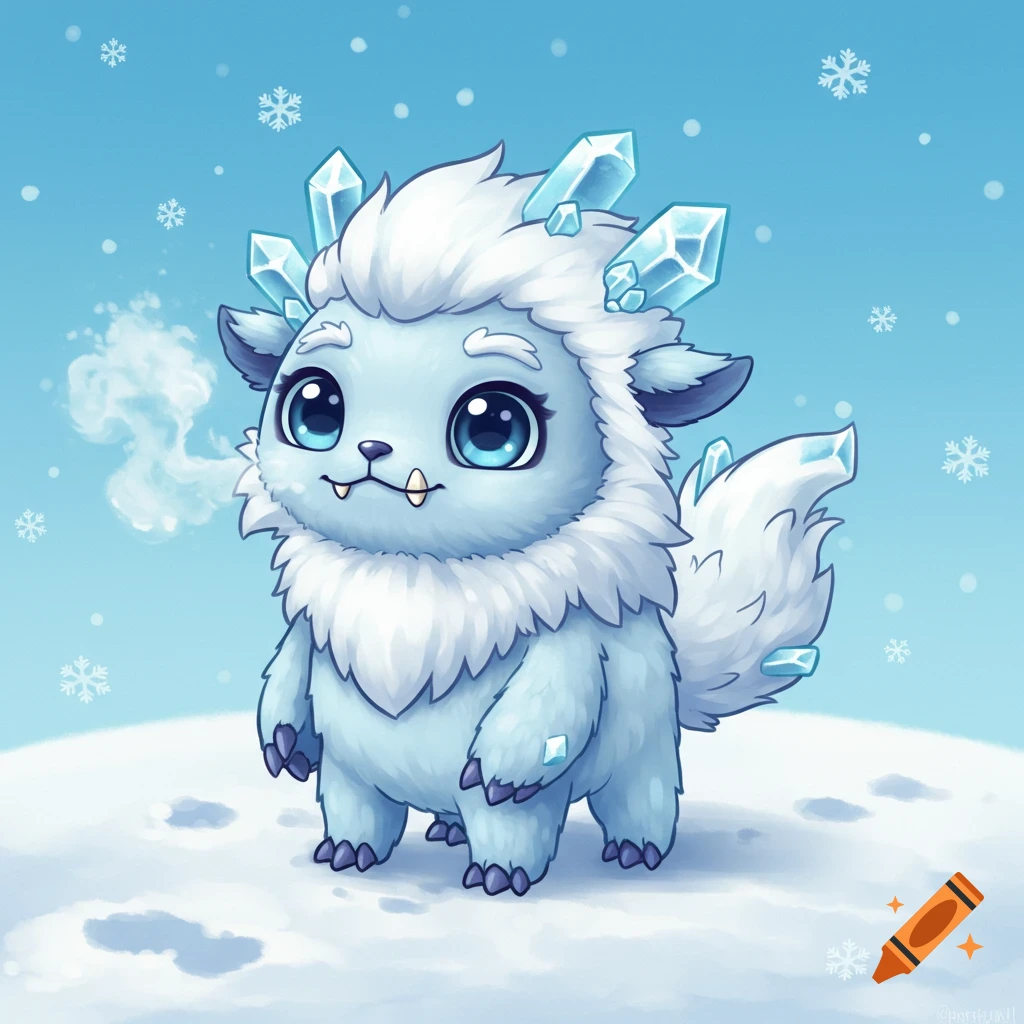 A cute white fluffy monster with blue eyes and ice crystals stands in the snow as snowflakes fall.