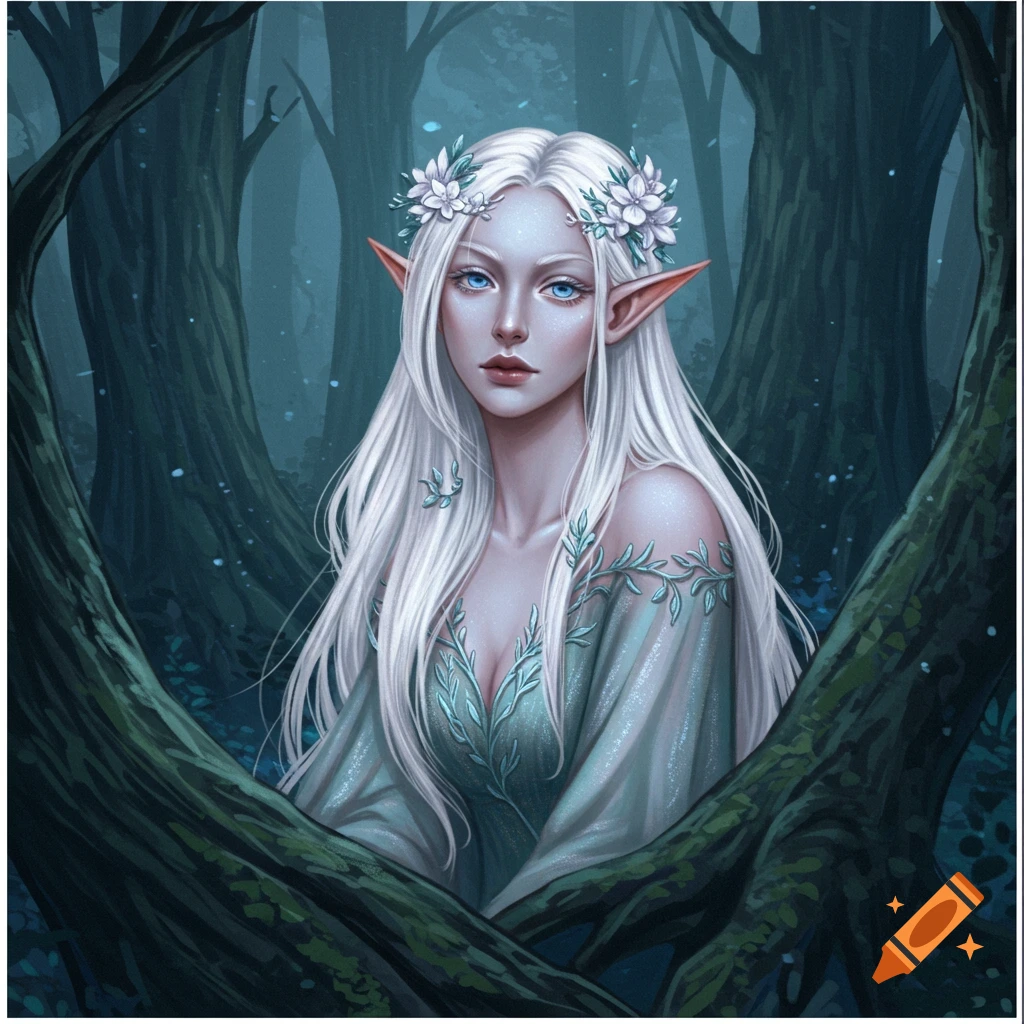 A moon elf woman with white hair and floral crown is in a forest, framed by trees.