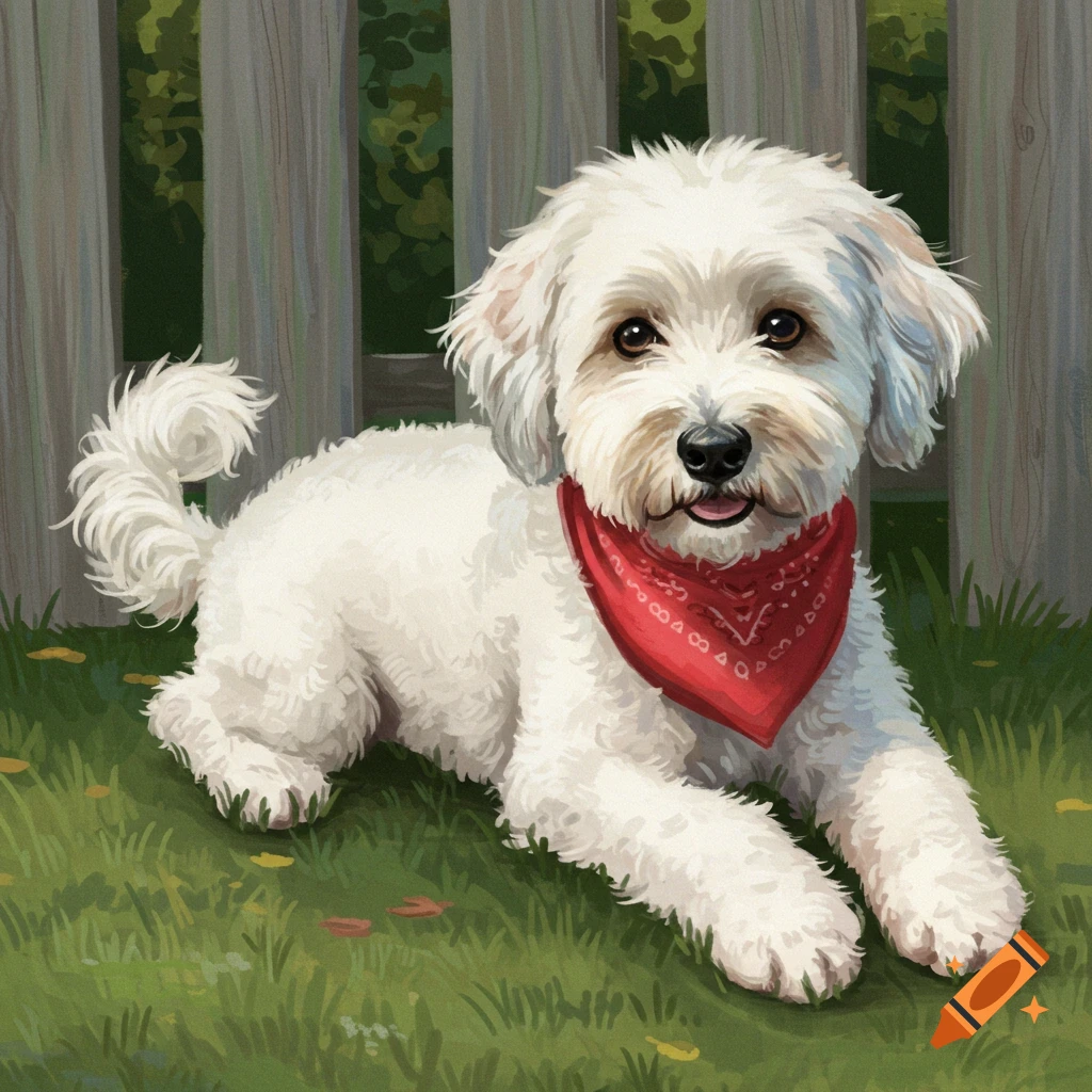 A white fluffy dog wearing a red bandana lies on green grass near a fence.