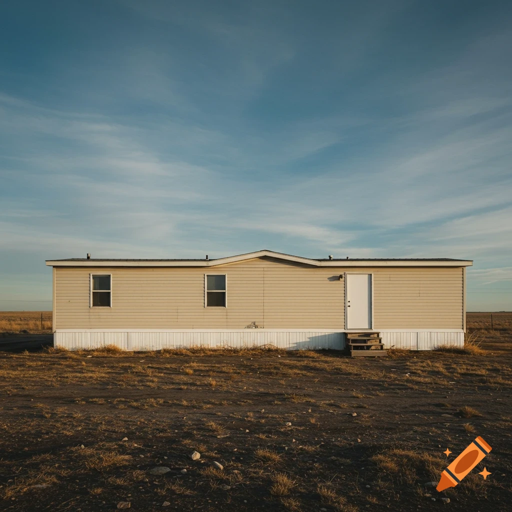 A mobile home sits in a dry field under a blue sky.