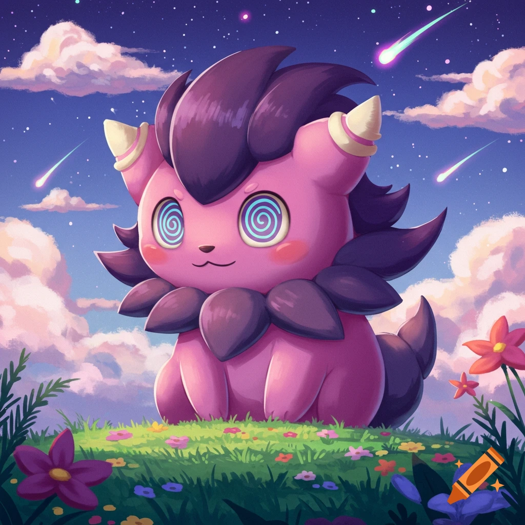 A pink creature with spiral eyes sits in a field of flowers under a starry sky with shooting stars.