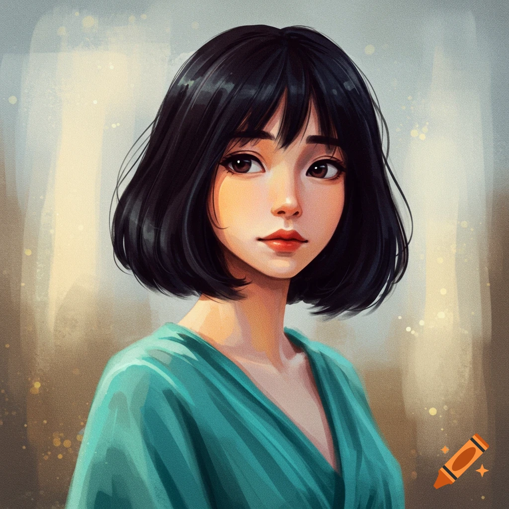 A young woman with short black hair wearing a teal garment.