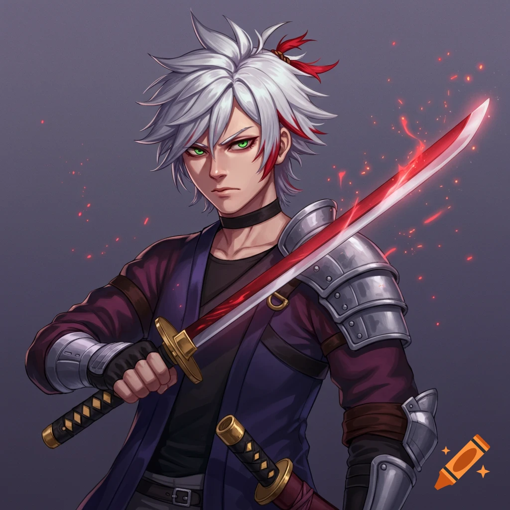 A young man with white and red hair, green eyes, holding a glowing red sword, wearing fantasy armor.