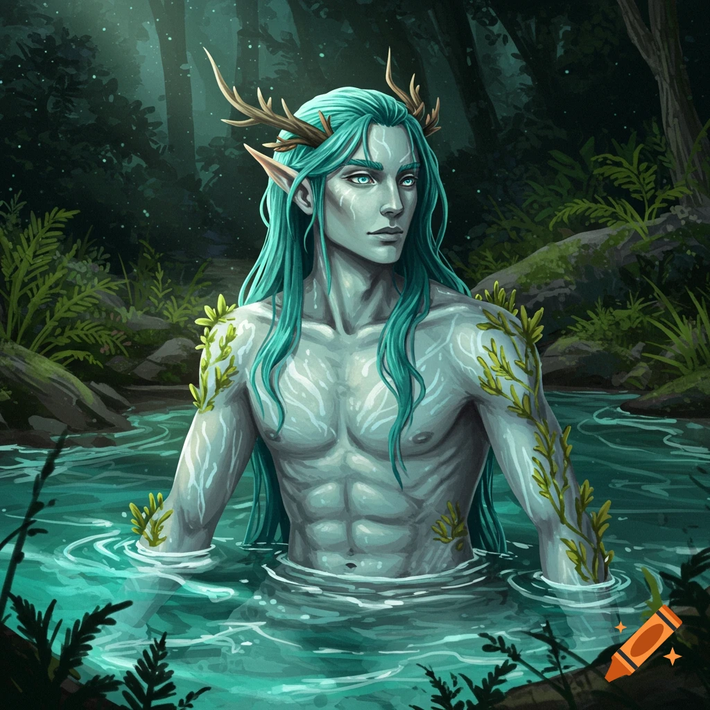 Image of a male Naiad with blue-green hair and antlers standing in a river in a forest.