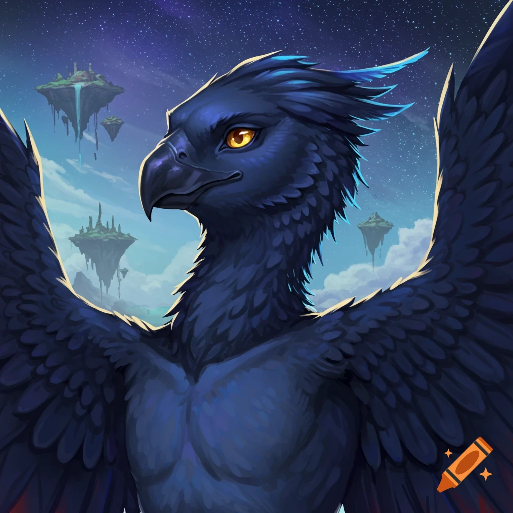 A dark bird-like creature with wings is shown against a starry sky with floating islands.