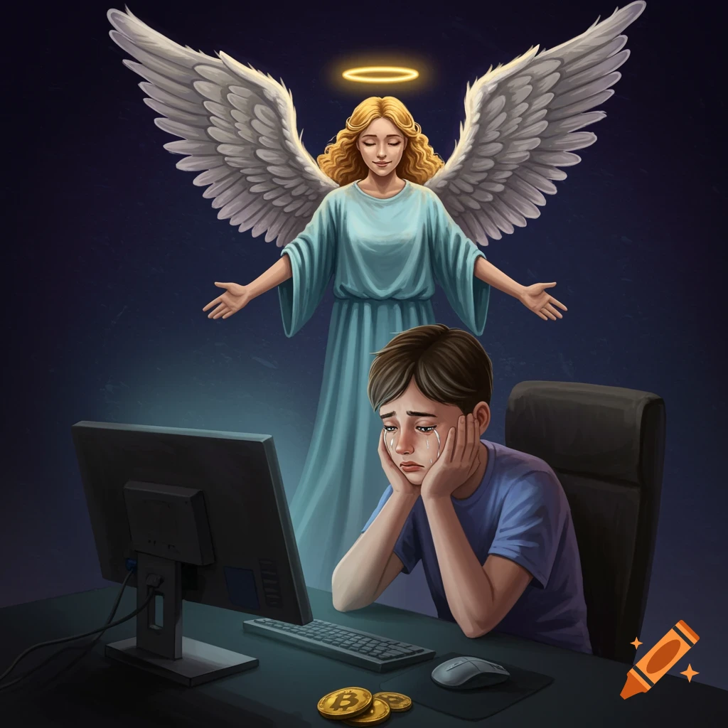 A crying boy sits at a computer surrounded by cryptocurrency symbols, while a gentle angel watches over him.