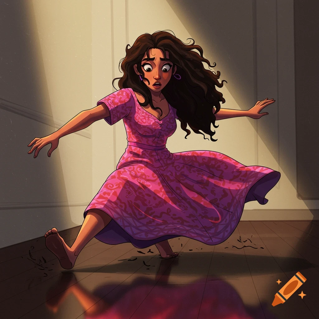 A startled woman in a pink dress slipping on a floor.