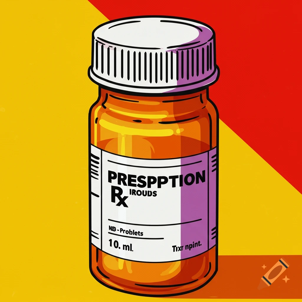 Pop art illustration of an orange prescription bottle with a label.