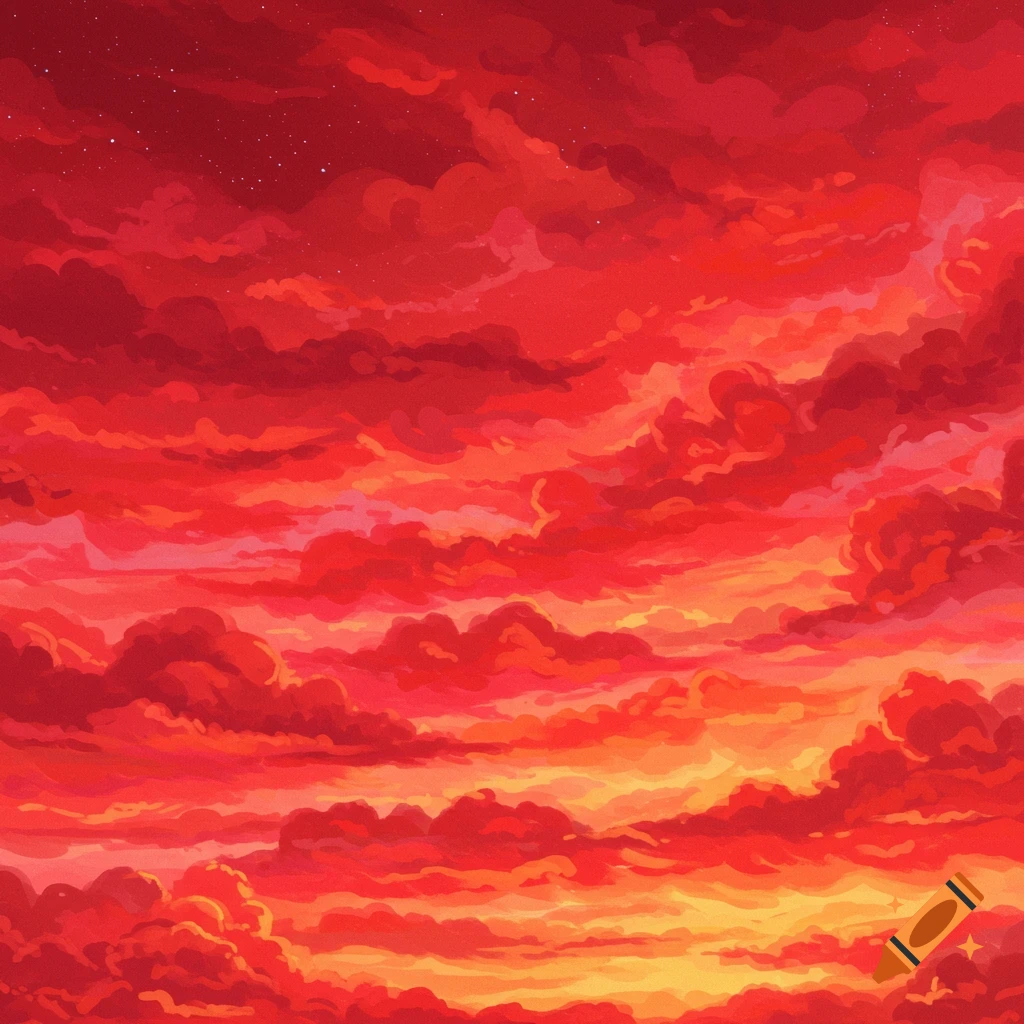 Red clouds in a red and yellow sky.