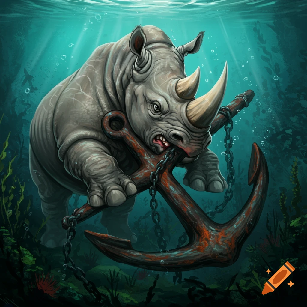 A rhinoceros underwater biting a large rusty anchor