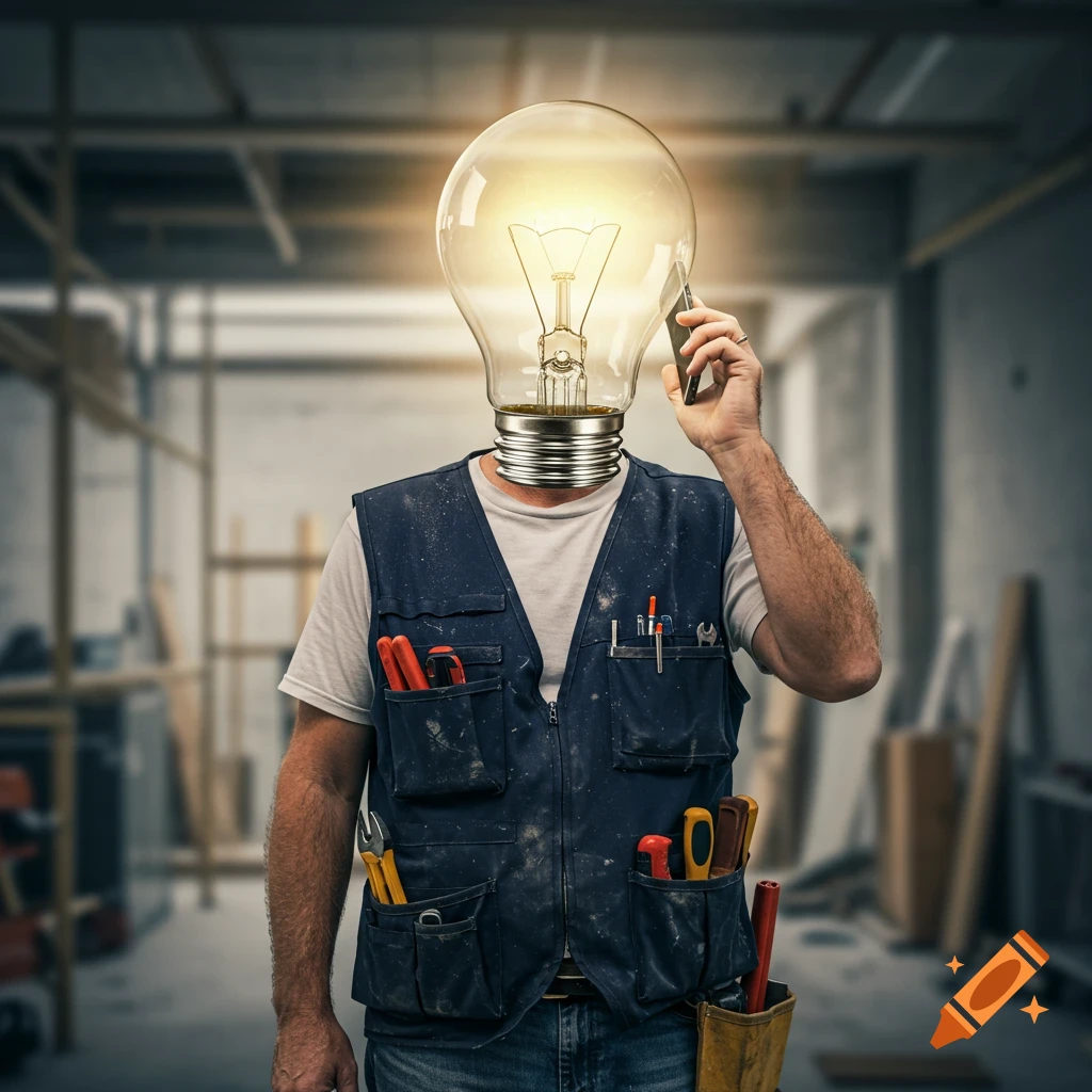 A man with a lightbulb for a head, wearing an electrician's vest and holding a phone, stands in a construction site.