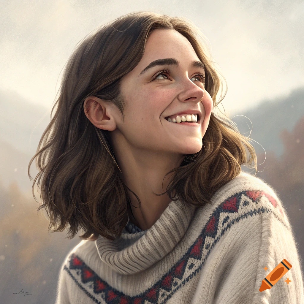 Portrait of a smiling woman in a patterned sweater looking up, with an outdoor background.