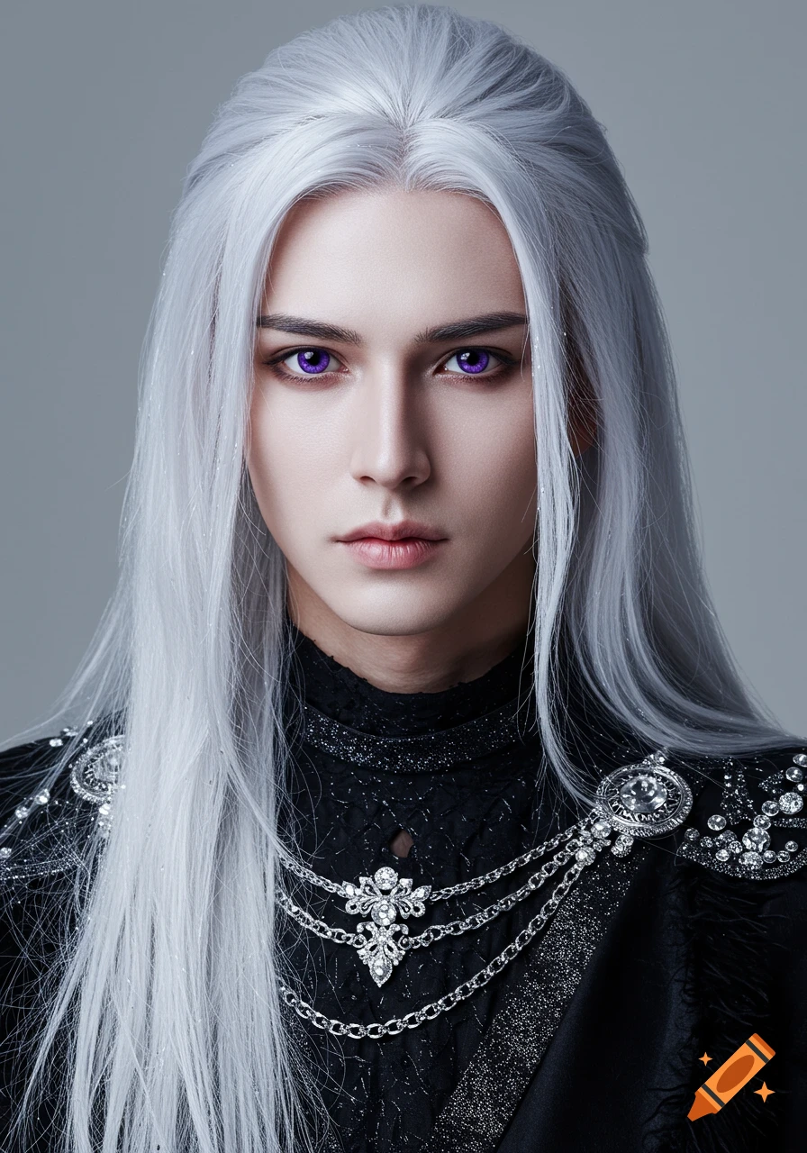 Portrait of a young man with long white hair, purple eyes, and elaborate black and silver clothing
