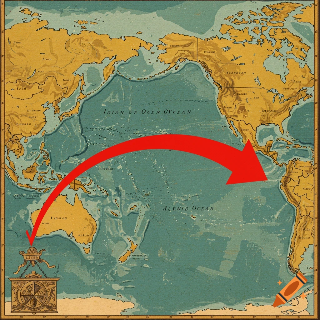 A vintage world map centered on the Pacific Ocean, showing continents and ocean names, with a thick red arrow arcing from Asia towards North America.