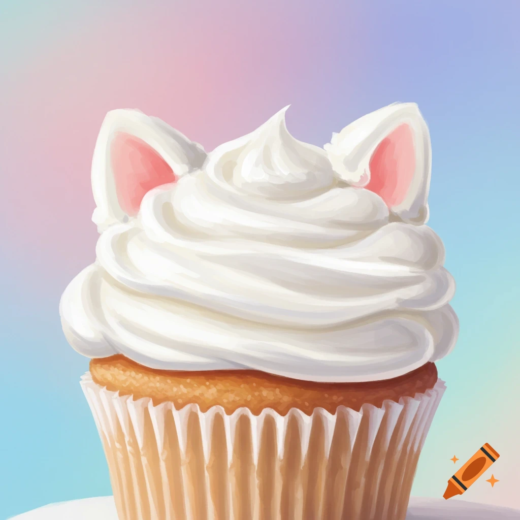 White cupcake with white frosting and cat ears