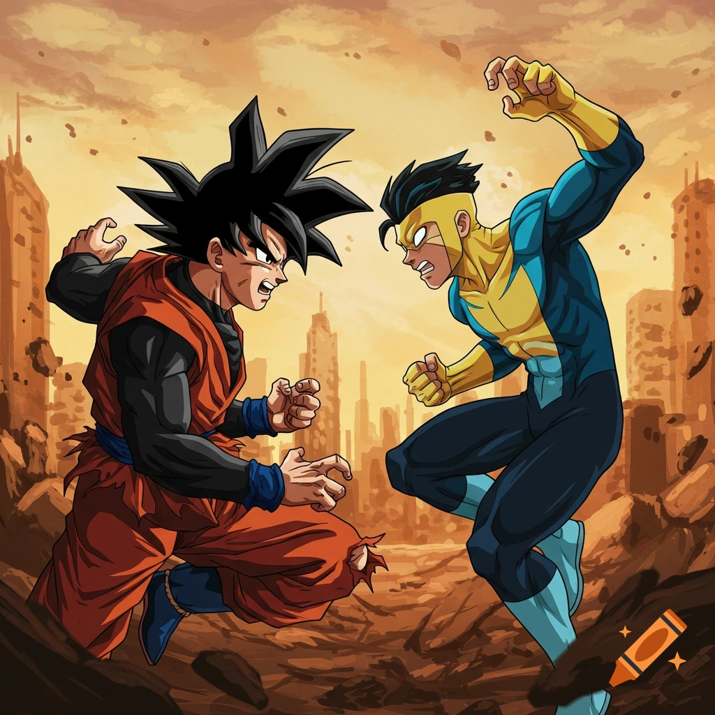 Goku fights Invincible in a crumbling city.
