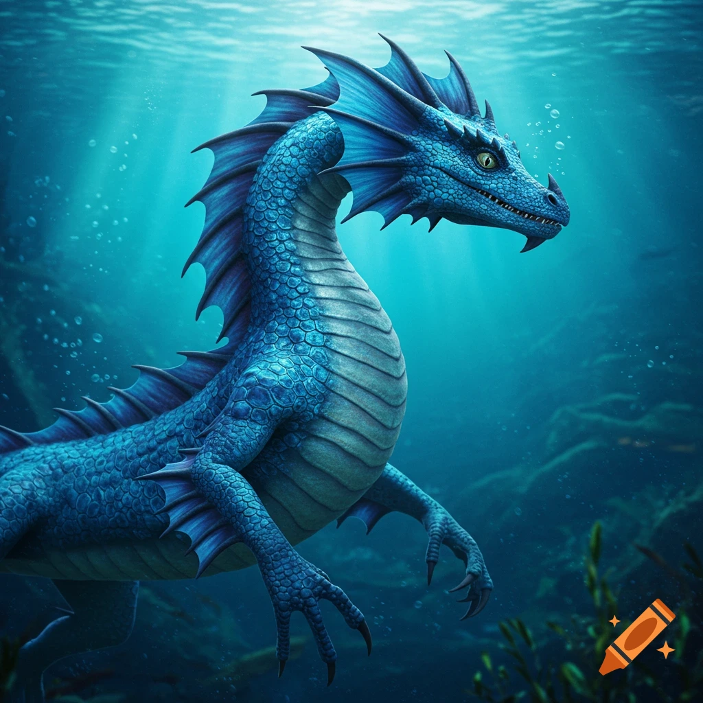 A blue water dragon swimming underwater in bright blue water.