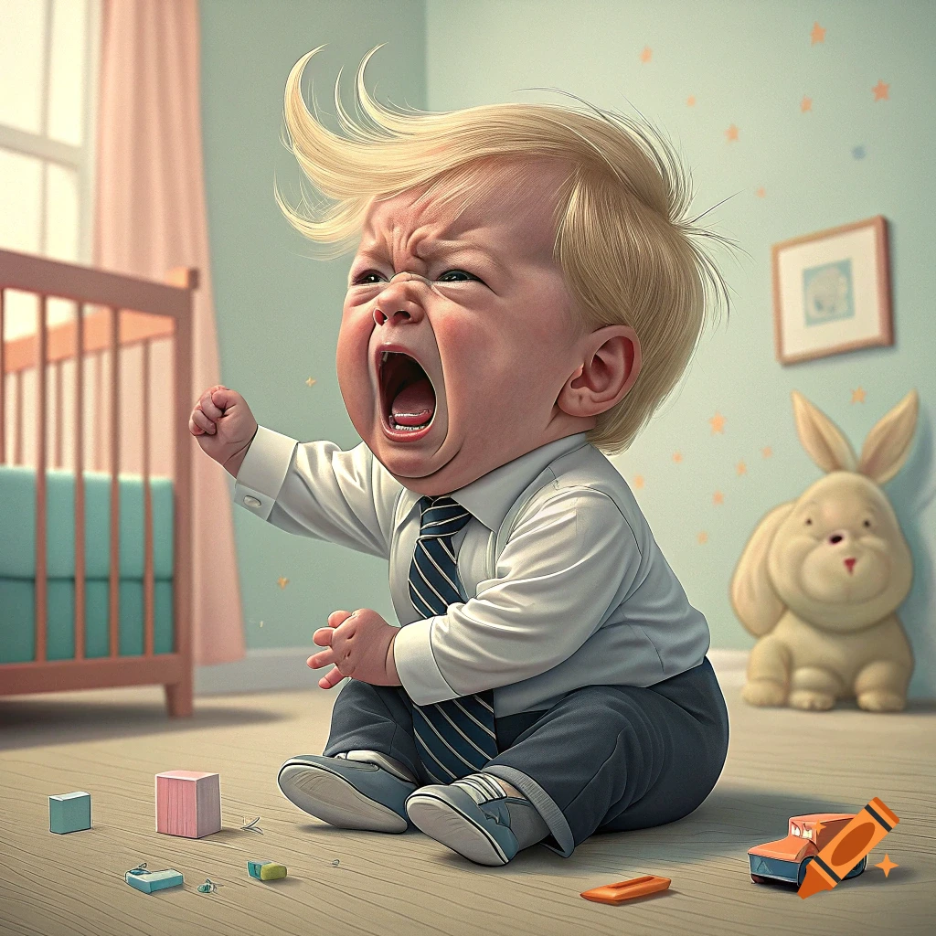 A baby in a white shirt and tie throws a tantrum on a wooden floor in a nursery with toys and a crib.