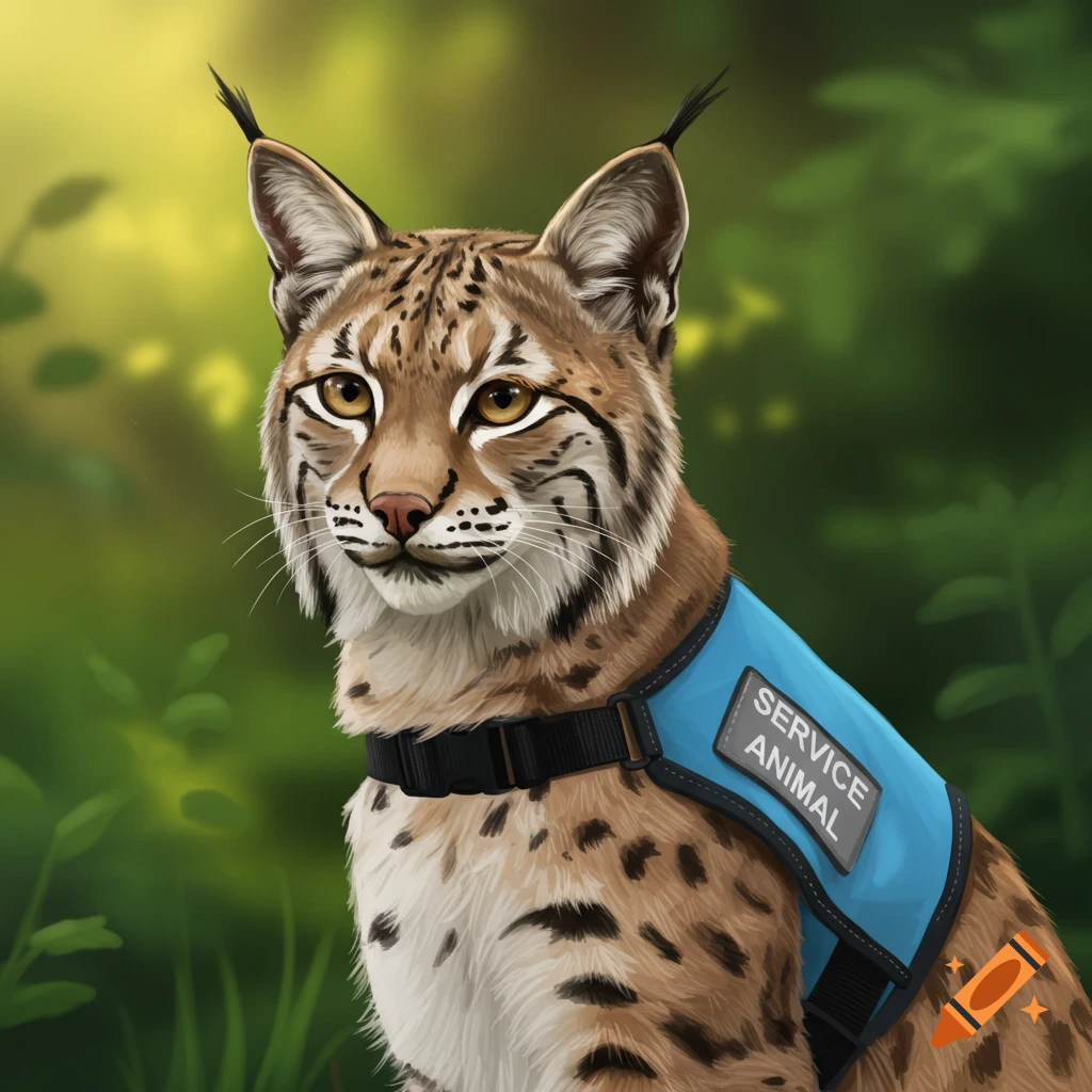 A bobcat wearing a service animal vest in a forest.
