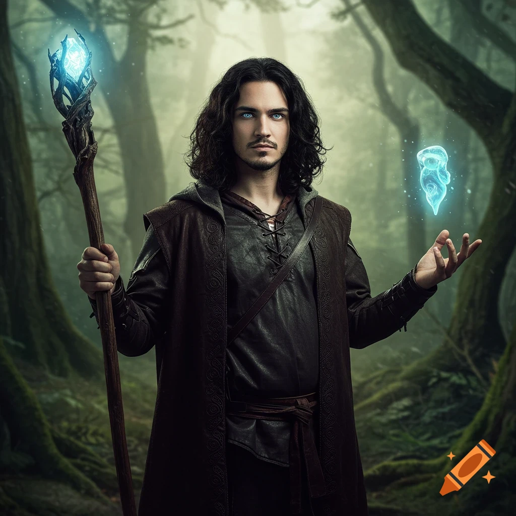 A man dressed as a mage holds a glowing staff and conjures a magical light in a misty forest. Photorealistic style.