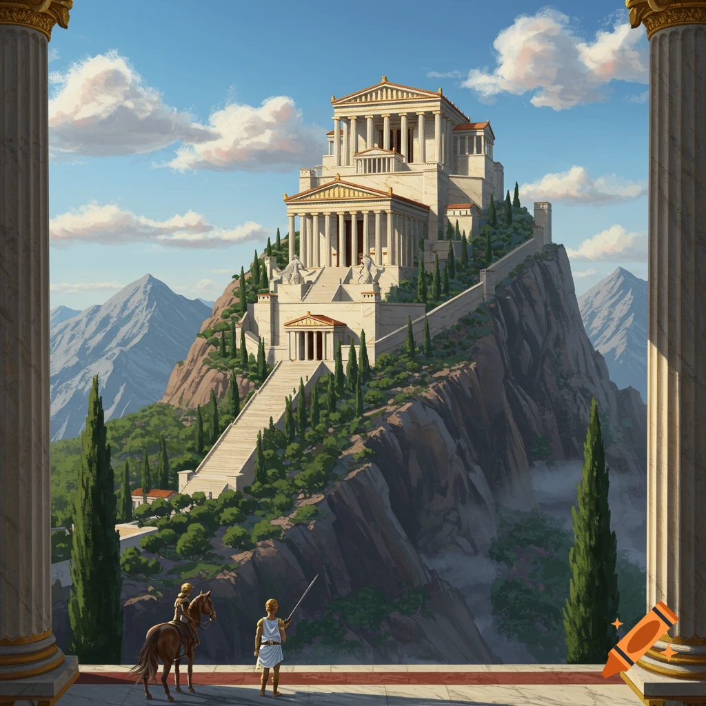 A large white temple complex stands majestically on a mountain, with two figures observing in the foreground.
