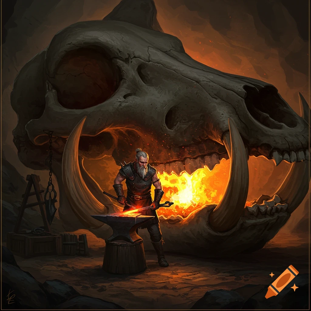 A blacksmith forges metal at an anvil inside the mouth of a giant animal skull.