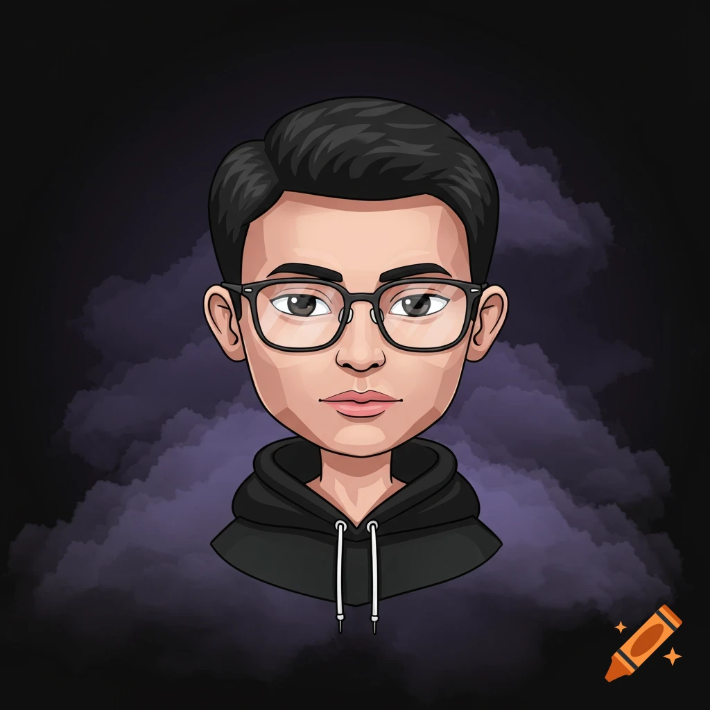 Cartoon portrait of a person wearing glasses and a black hoodie against a cloudy background.
