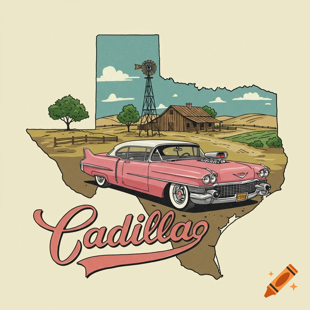 Stylized illustration of a pink Cadillac in front of a Texas ranch scene with a windmill, inside the outline of the state of Texas, with the word Cadillac below.