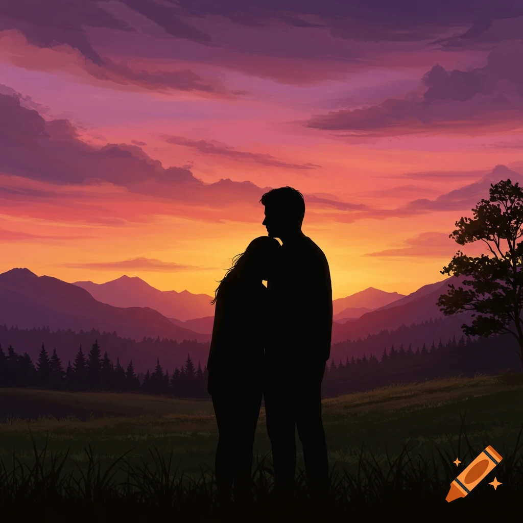 Silhouettes of a couple watching a sunset over mountains.