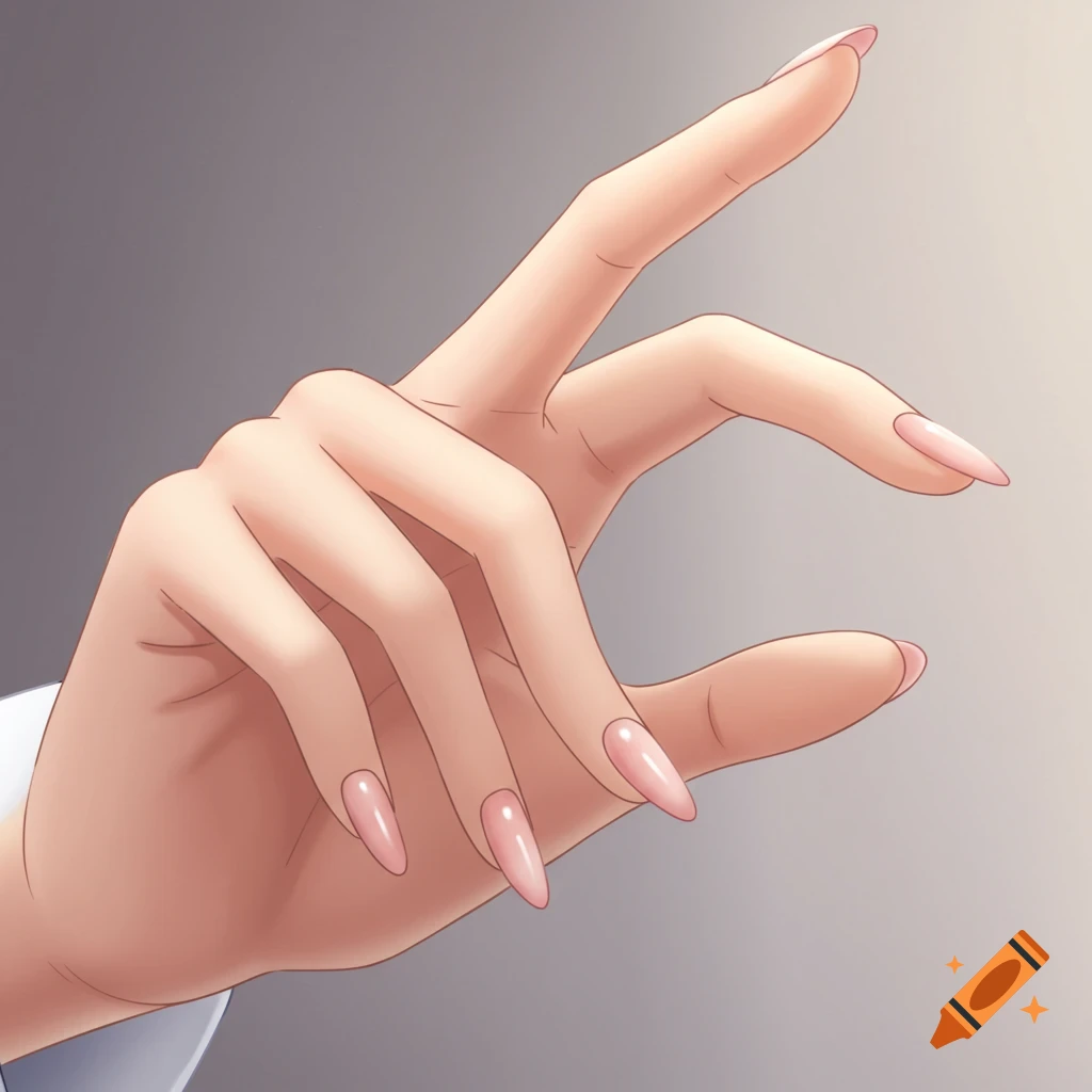 A close-up, anime-style illustration of a hand with long pink fingernails.