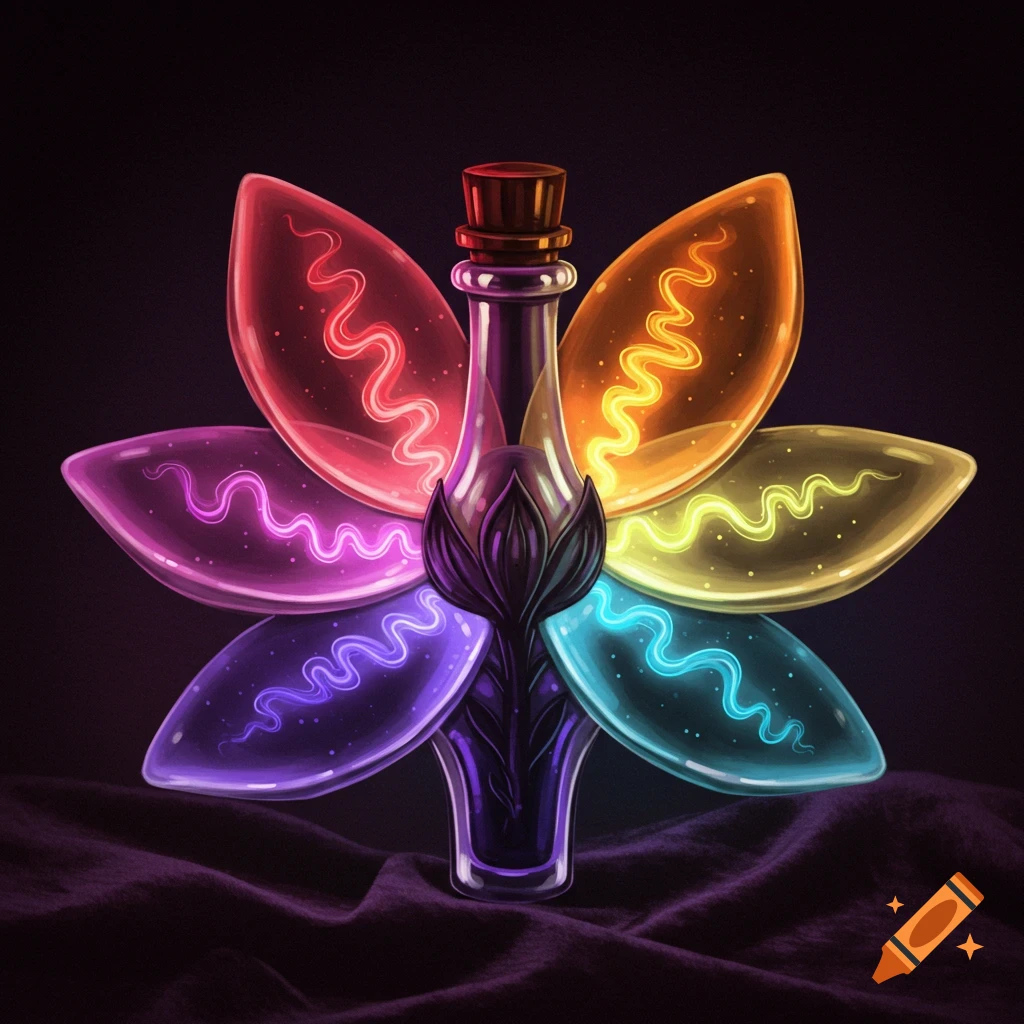 A glass bottle shaped like a flower with six glowing, colorful petals around it.