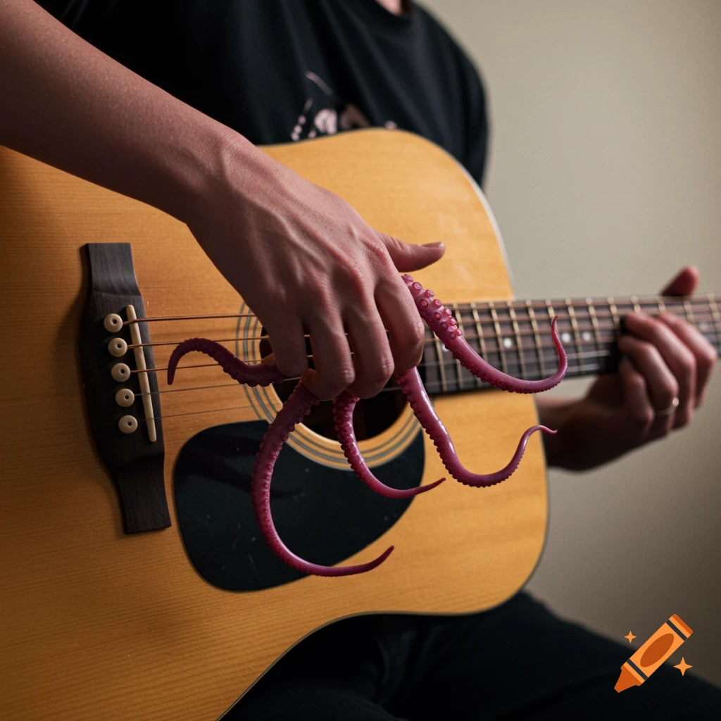 A hand with purple tentacles plays a barre chord on an acoustic guitar.