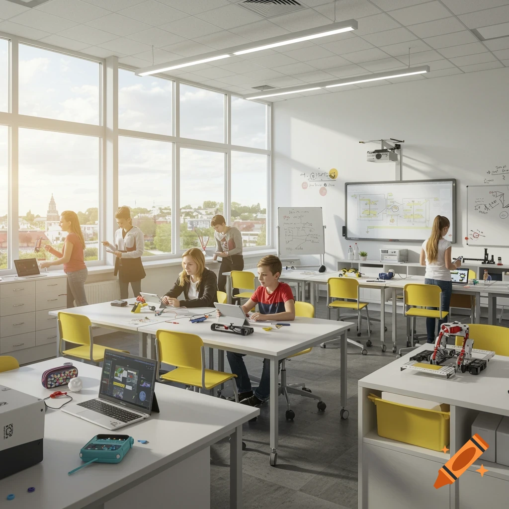 Photorealistic image of students working on STEM projects in a modern, sunny classroom.