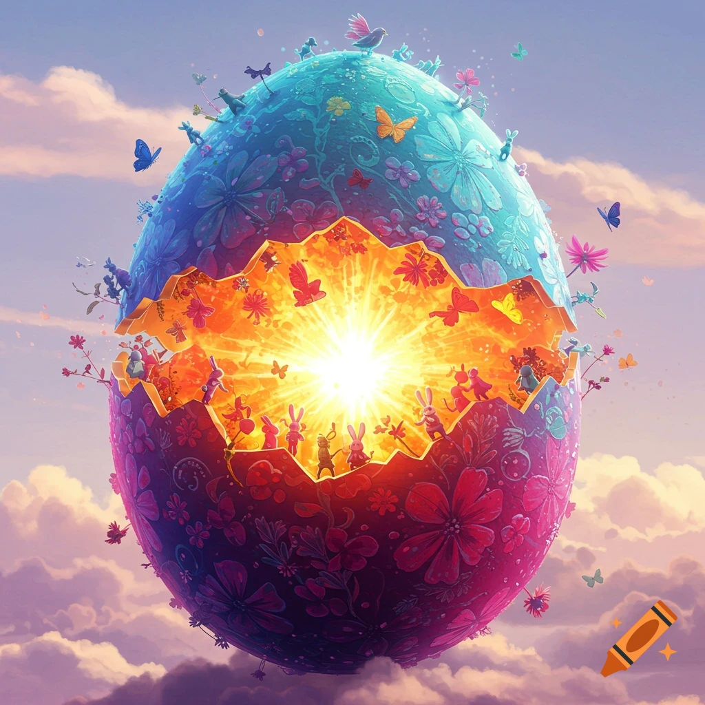 A large, cracked Easter egg floats in the sky, filled with light and tiny bunnies, birds, and butterflies emerging. The egg is decorated with colorful floral patterns.