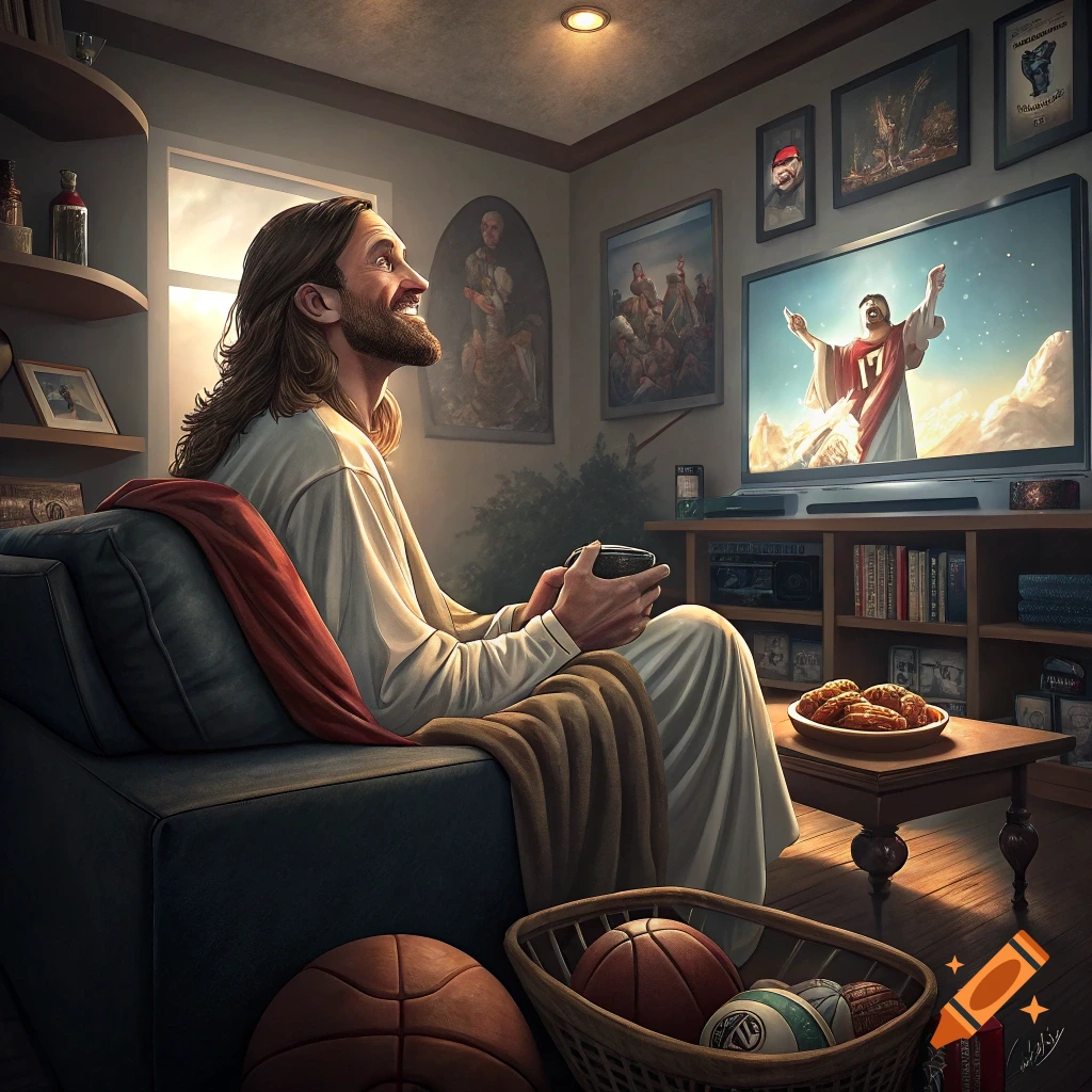 Jesus sits on a couch in a living room, playing a video game and watching a sports game on TV.
