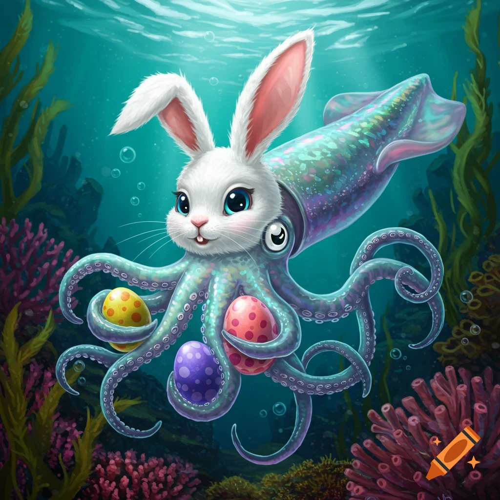 A fantasy creature with a white bunny head and iridescent squid body holds three Easter eggs underwater.