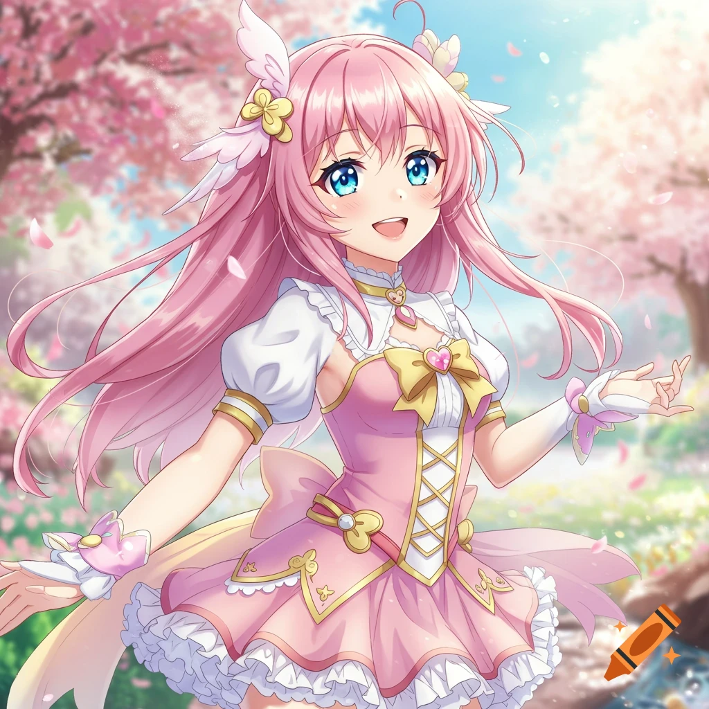 Anime girl with long pink hair and blue eyes wearing a pink dress in a cherry blossom park.