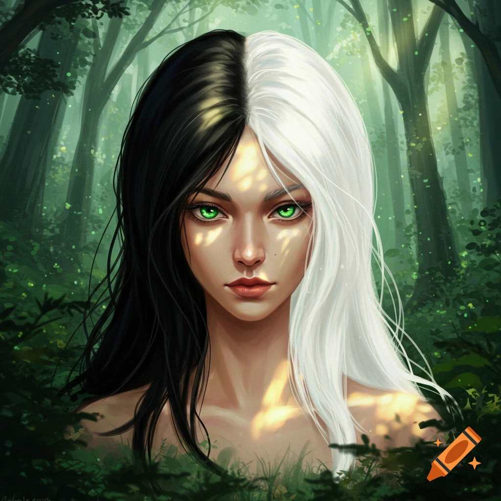 A woman with striking green eyes and a unique half black, half white hairstyle stands in a serene forest setting.