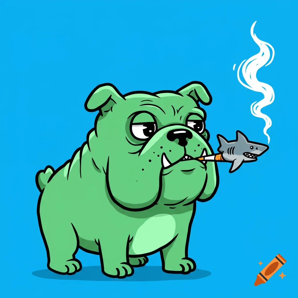 Cartoon green bulldog smoking a shark shaped cigarette.