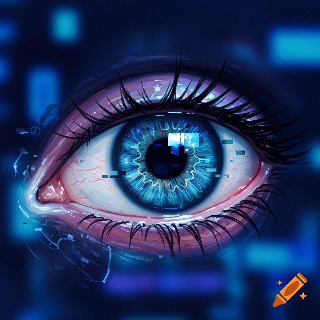 A blue cybernetic eye with glitch effects.