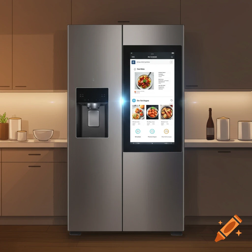 A stainless steel smart fridge with a screen displaying recipes in a kitchen.