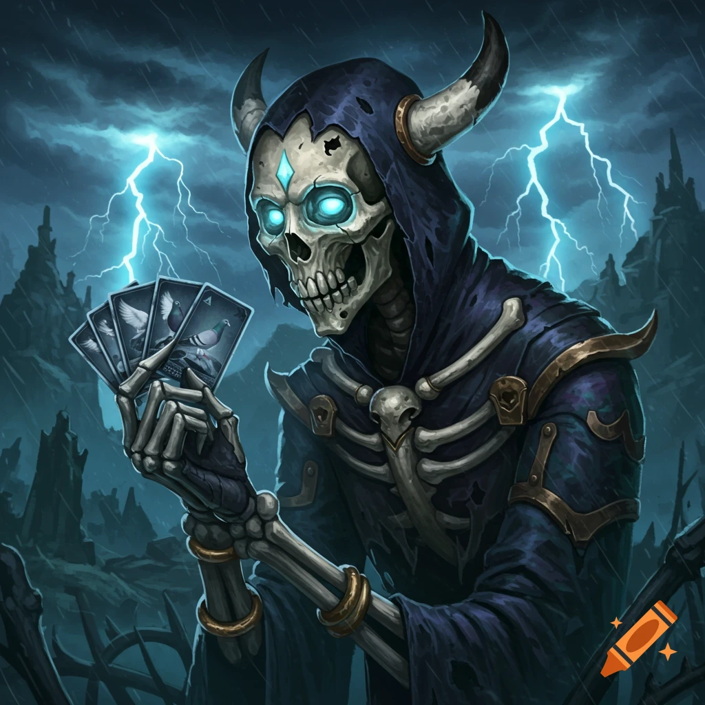 A skeletal figure in a hooded robe holds playing cards with pigeons on them during a stormy night.
